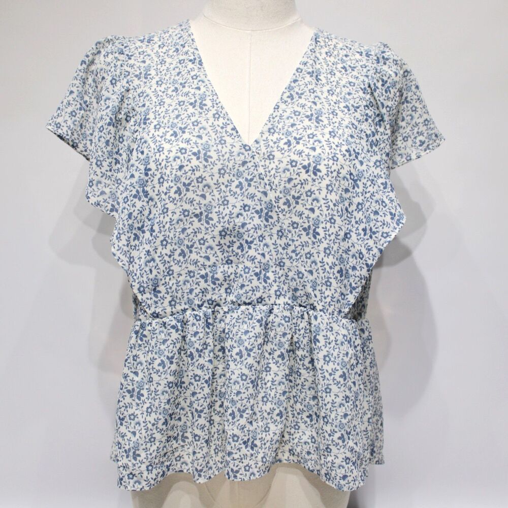 NWT Madewell Georgette Ruffle Sleeve Peplum Top Blue Floral Cottagecore Women XS